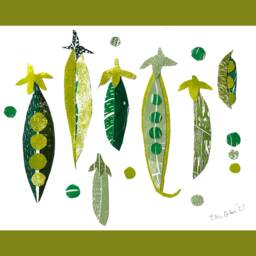 Original Collage Peas Linocut Lino Print Vegetable Art Veggie in A Pod - thumbnail 1