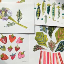 Original Collage Peas Linocut Lino Print Vegetable Art Veggie in A Pod - thumbnail 3