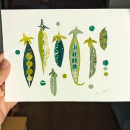 Original Collage Peas Linocut Lino Print Vegetable Art Veggie in A Pod - thumbnail 2