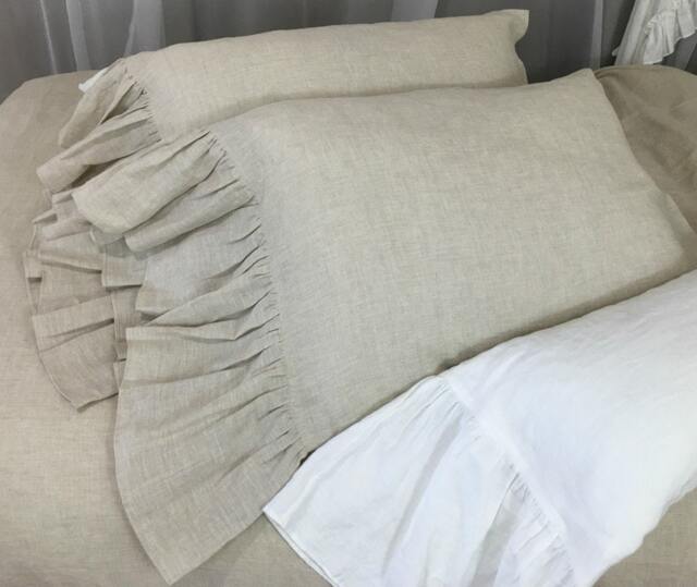 A Pair Of Natural Linen Pillow Covers Feature Mermaid Long Ruffles, Inspired By French Country Style, Striped Cases - image 1