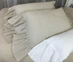 A Pair Of Natural Linen Pillow Covers Feature Mermaid Long Ruffles, Inspired By French Country Style, Striped Cases - thumbnail 1
