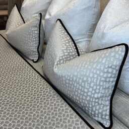 Luxury Cushion Cover - Black Velvet Piping & Textured Porcelain Fabric With Silver Shimmer Double-Sided Designer Pillow Ashley Wilde Estrada - thumbnail 2