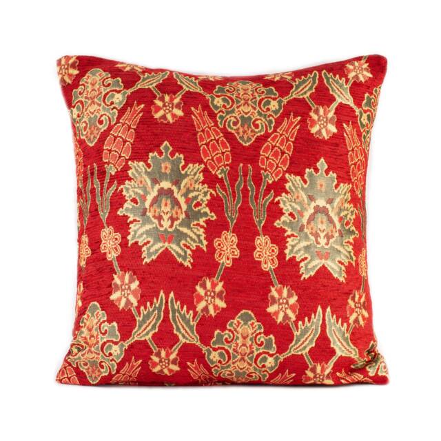 Red Chenille Turkish Pillow Cover Oriental Tulip Cushion - 16x16 In - image 1