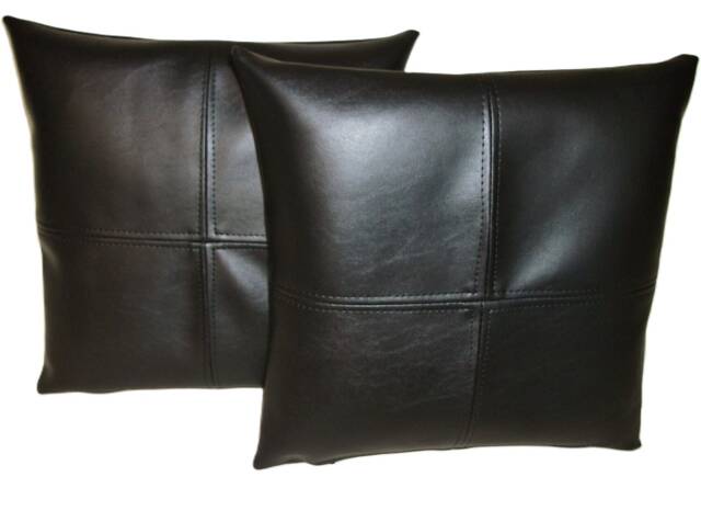 "2 Black Check Faux Leather Cushion Covers 16"" 18"" 20" - image 1