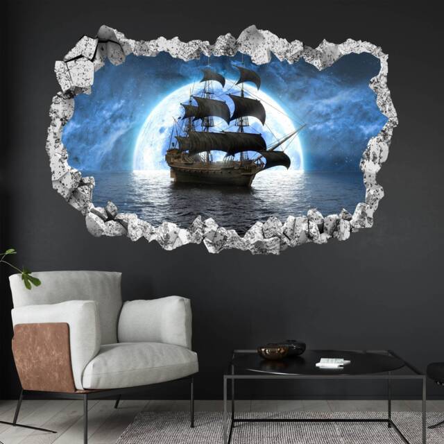Pirate Sailing Ship Moon Wall Decal Sticker Mural Poster Print Art Home Office Decor - image 1