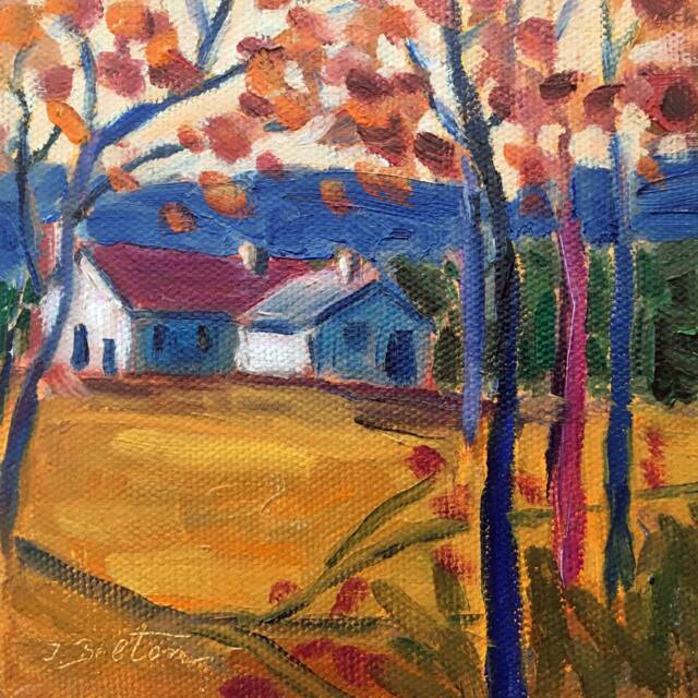 Autumn At The Farm, Tree Painting, Farm Fall Colors, , Modern Original Mini Oil 5x5 - image 1