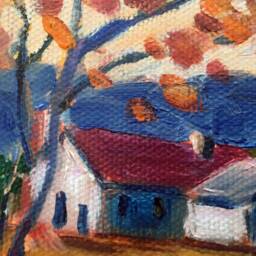 Autumn At The Farm, Tree Painting, Farm Fall Colors, , Modern Original Mini Oil 5x5 - thumbnail 2