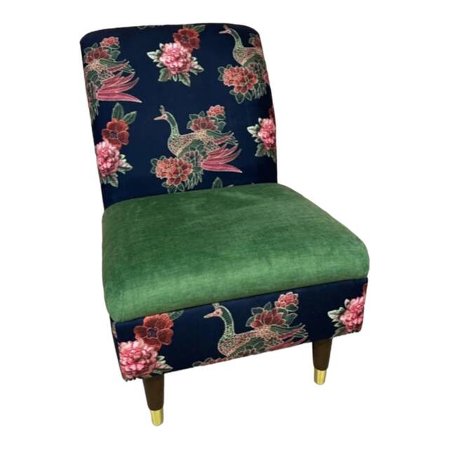 Peacock Fabric Bedroom Chair Green Seat, Solid Wood Legs - image 1