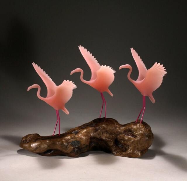 Flamingo Sculpture Trio By John Perry Flying 11In Long On Polished Burlwood Base. Signed - image 1