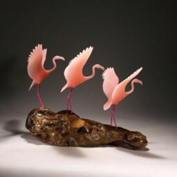 Flamingo Sculpture Trio By John Perry Flying 11In Long On Polished Burlwood Base. Signed - thumbnail 2