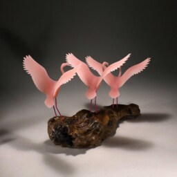 Flamingo Sculpture Trio By John Perry Flying 11In Long On Polished Burlwood Base. Signed - thumbnail 3