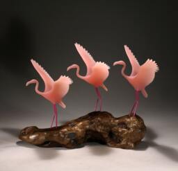 Flamingo Sculpture Trio By John Perry Flying 11In Long On Polished Burlwood Base. Signed - thumbnail 1