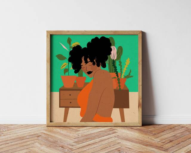 Green Botanical Woman Art Print, Plant Illustration, Wall Decor