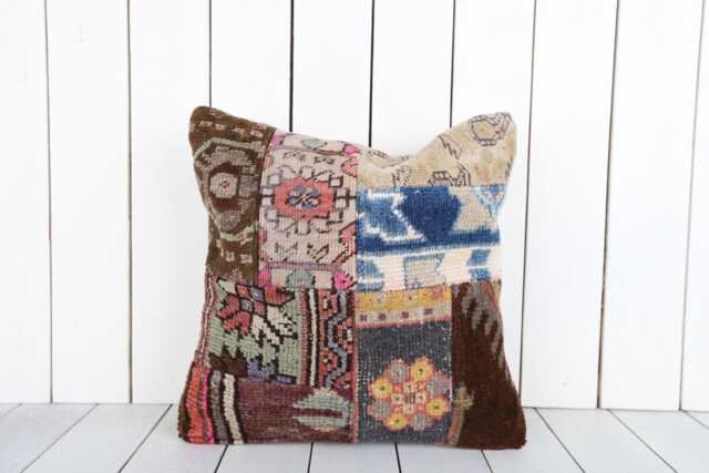 Vintage Turkish Kilim Pillow Cover Bohemian Patchwork Cushion - 16x16 - image 1