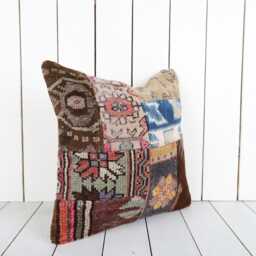 Vintage Turkish Kilim Pillow Cover Bohemian Patchwork Cushion - 16x16 - thumbnail 3