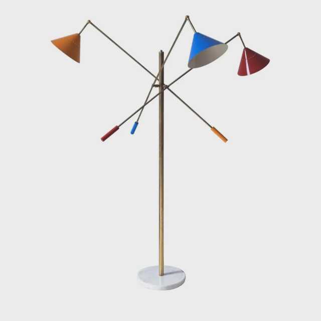 Mid Century Modern Brass Floor Lamp, Adjustable Cone Shades & Marble Base - image 1