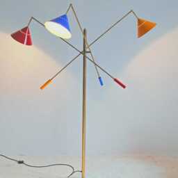 Mid Century Modern Brass Floor Lamp, Adjustable Cone Shades & Marble Base - thumbnail 2