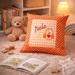 Embroidered Cushion Owl + Name //Orange// 40x40 Pillowcase Gift Cuddly Cushion Snuggle Name - thumbnail 4