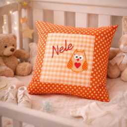 Embroidered Cushion Owl + Name //Orange// 40x40 Pillowcase Gift Cuddly Cushion Snuggle Name