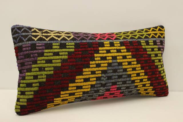 Bohemian Wool Lumbar Pillow, Vintage Turkish Kilim Design - 10x20 In - image 1