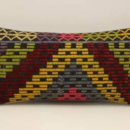 Bohemian Wool Lumbar Pillow, Vintage Turkish Kilim Design - 10x20 In - thumbnail 2
