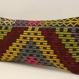 Bohemian Wool Lumbar Pillow, Vintage Turkish Kilim Design - 10x20 In - thumbnail 3