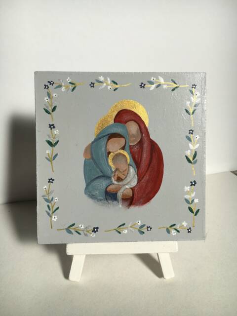 Hand-Painted Holy Family Icon On Wood, Floral Border - Christian Gift - image 1