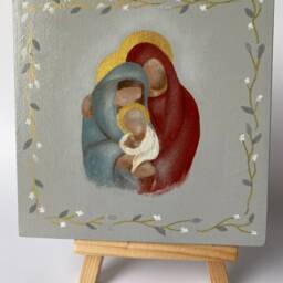 Hand-Painted Holy Family Icon On Wood, Floral Border - Christian Gift - thumbnail 2