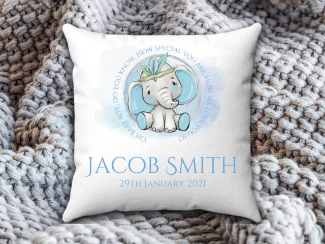 Personalised New Baby Cushion, Gift For Boy, Elephant Gift, Baby Boy Arrival Christening Gift Boys, Baptism Cushion - image 1