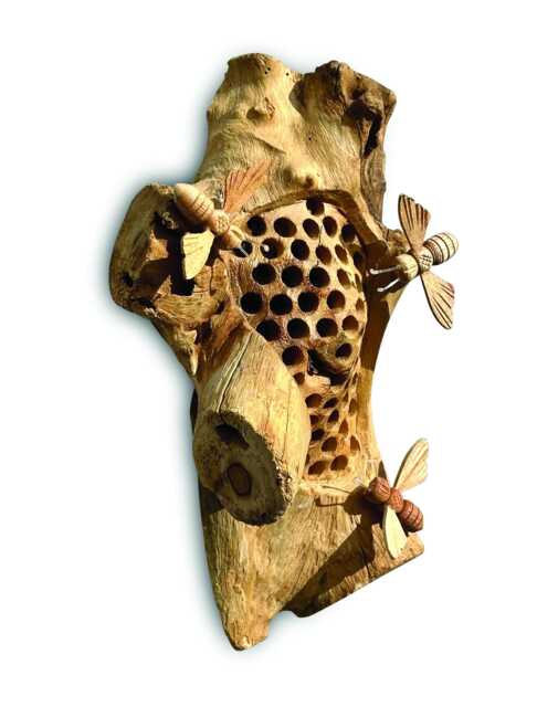 Wall Hanging Beehive Sculpture With 3 Bees, Teak Root Art - image 1