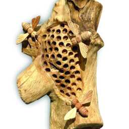Wall Hanging Beehive Sculpture With 3 Bees, Teak Root Art - thumbnail 2