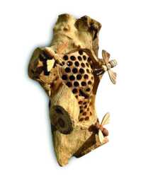 Wall Hanging Beehive Sculpture With 3 Bees, Teak Root Art