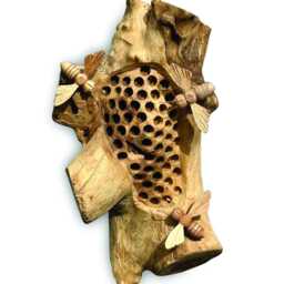 Wall Hanging Beehive Sculpture With 3 Bees, Teak Root Art - thumbnail 3