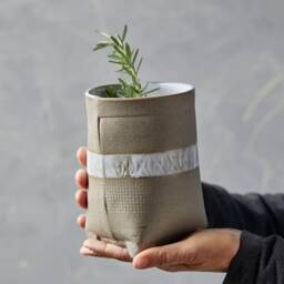 Gray Ceramic Succulent Planter With Saucer Rustic Pottery Decor - thumbnail 2