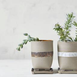 Gray Ceramic Succulent Planter With Saucer Rustic Pottery Decor - thumbnail 3