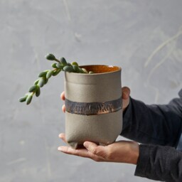 Gray Ceramic Succulent Planter With Saucer Rustic Pottery Decor - thumbnail 4