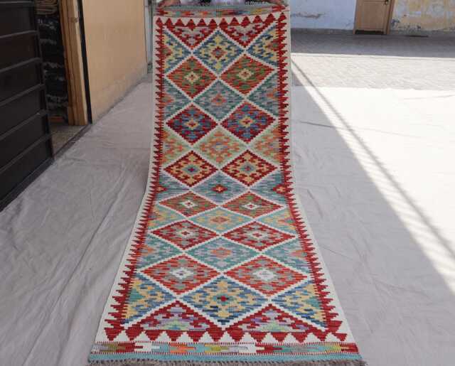2'10x8'4 Ft Runner Rug, Flatweave Kilim Geometric Patterns Rug, Afghan Handmade Wool Short Hallway Runner, Kitchen - image 1