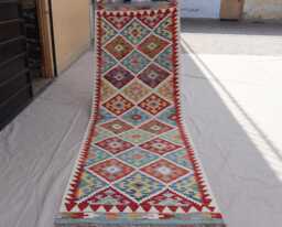 2'10x8'4 Ft Runner Rug, Flatweave Kilim Geometric Patterns Rug, Afghan Handmade Wool Short Hallway Runner, Kitchen - thumbnail 1