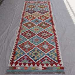 2'10x8'4 Ft Runner Rug, Flatweave Kilim Geometric Patterns Rug, Afghan Handmade Wool Short Hallway Runner, Kitchen - thumbnail 3