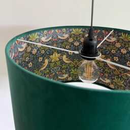 Green Velvet Drum Lampshade/ Ceiling Shade William Morris Strawberry Thief Blue Interior - thumbnail 1