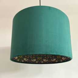 Green Velvet Drum Lampshade/ Ceiling Shade William Morris Strawberry Thief Blue Interior - thumbnail 3