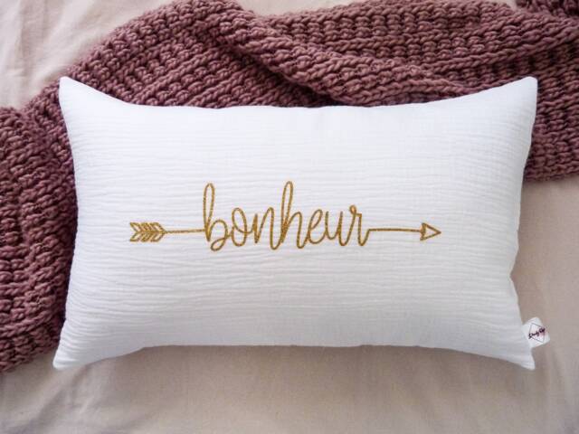 Cushion Cover/Cotton Gauze Cushion Happiness White Cotton Home Decoration Pillowcase Moving in Gift - image 1