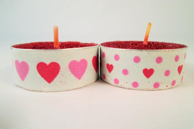 Red Glitter Tea Lights, Heart Washi Tape Candles, Set Of 4 - image 1