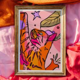 Pink Cat Art Print Colourful Tabby Portrait With Purple Hat - thumbnail 3