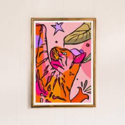 Pink Cat Art Print Colourful Tabby Portrait With Purple Hat - thumbnail 2