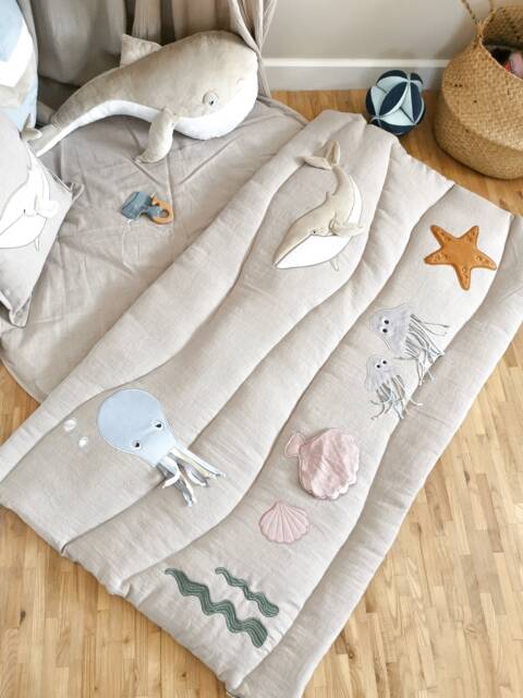 Beige Linen Baby Play Mat With Ocean Animals, Developmental, Activity Toys, Montessori Tummy Time - image 1