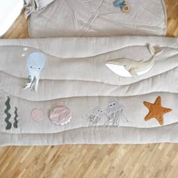 Beige Linen Baby Play Mat With Ocean Animals, Developmental, Activity Toys, Montessori Tummy Time - thumbnail 2