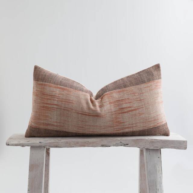 Earthy Brown Striped Lumbar Pillow, Woven Cotton, Bamboo Reverse - image 1