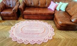 Large Crochet Rug Handmade Oval Rag Rug, Baby Pink Polyester - thumbnail 1