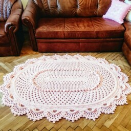 Large Crochet Rug Handmade Oval Rag Rug, Baby Pink Polyester - thumbnail 2